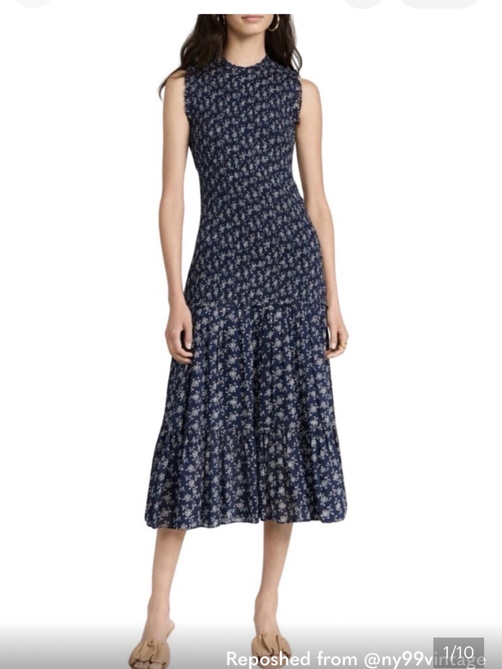 Veronica Beard Navy Floral Sleeveless Midi Dress